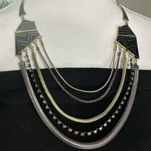 VTG Black Enameled Mixed Metal Statement Necklace